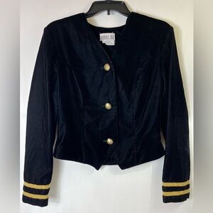Robbie Bee Women’s Black Velvet Jacket Blazer Vintage Gold Buttons Trim Sz 10